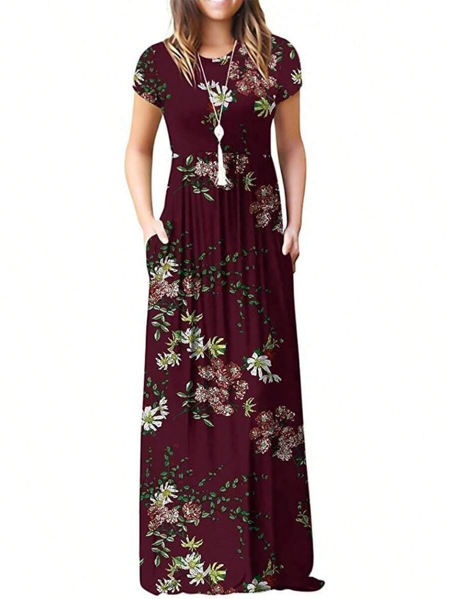 Maxi Vestido Largo de Manga Corta para Mujer con Bolsillos - flor azul marino - Ver 1
