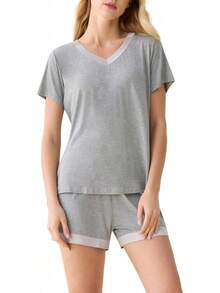 Latuza - Conjunto de Pijama de Manga Corta con Cuello en V para Mujer - Gris-oscuro - Ver 21