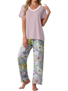 PrinStory - Conjunto de pijama suave de 2 piezas para mujer, conjunto de pijama casual de manga corta con bolsillos - Cuadros marrones y blancos - Ver 19