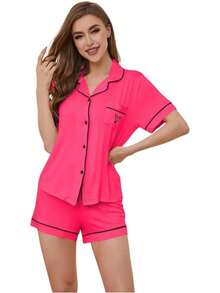 Conjunto de pijama para mujer, cuello con solapa, manga corta, top con bolsillo en el pecho y pantalones cortos con cintura elástica, 2 piezas, ropa de dormir para mujer. - RQ02-Beige - Ver 10