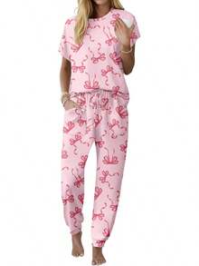 Conjunto de Pijama Capri para Mujer , Ropa de Dormir de Manga Corta, 2 Piezas, Cuello Redondo, Pijama Suave con Bolsillos - Flores marrones, negro - Ver 21