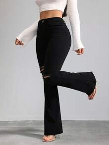 Pantalones campana largos hasta el suelo de cintura alta con roturas unilaterales en las rodillas, alta elasticidad ajustado disponible en múltiples tonos caída fluida retro - Negro - Ver 4