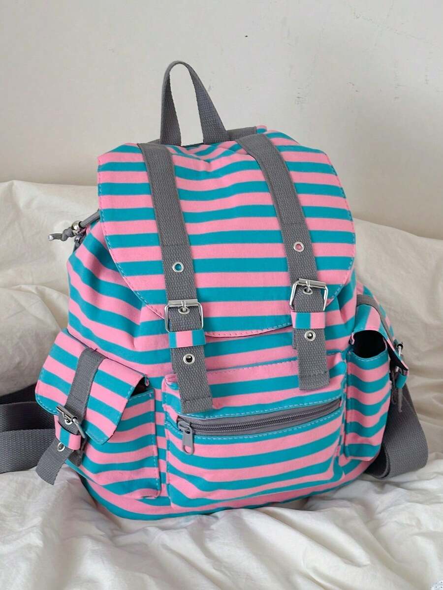 1 pieza Mochila a rayas de gran capacidad y bolsillosúltiples, de estilo minimalista - Verde militar - Ver 1