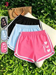 3pcs/Set Celana Pendek Olahraga Anak Perempuan Motif Hati Lucu, Celana Pendek Kasual Musim Panas yang Lembut & Nyaman, Cocok untuk Anak Perempuan yang Lebih Besar - MultiWarna - View 2