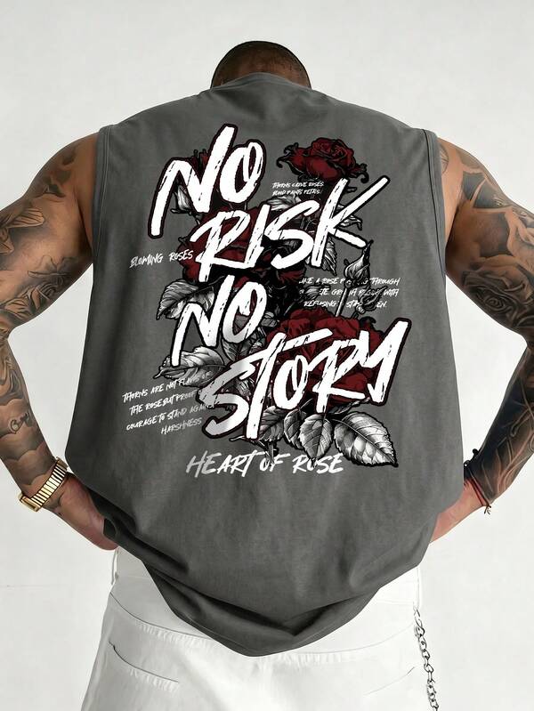 Men's Summer Fashion Versatile Minimalist Rose Letter Print Crew Neck Tank Top