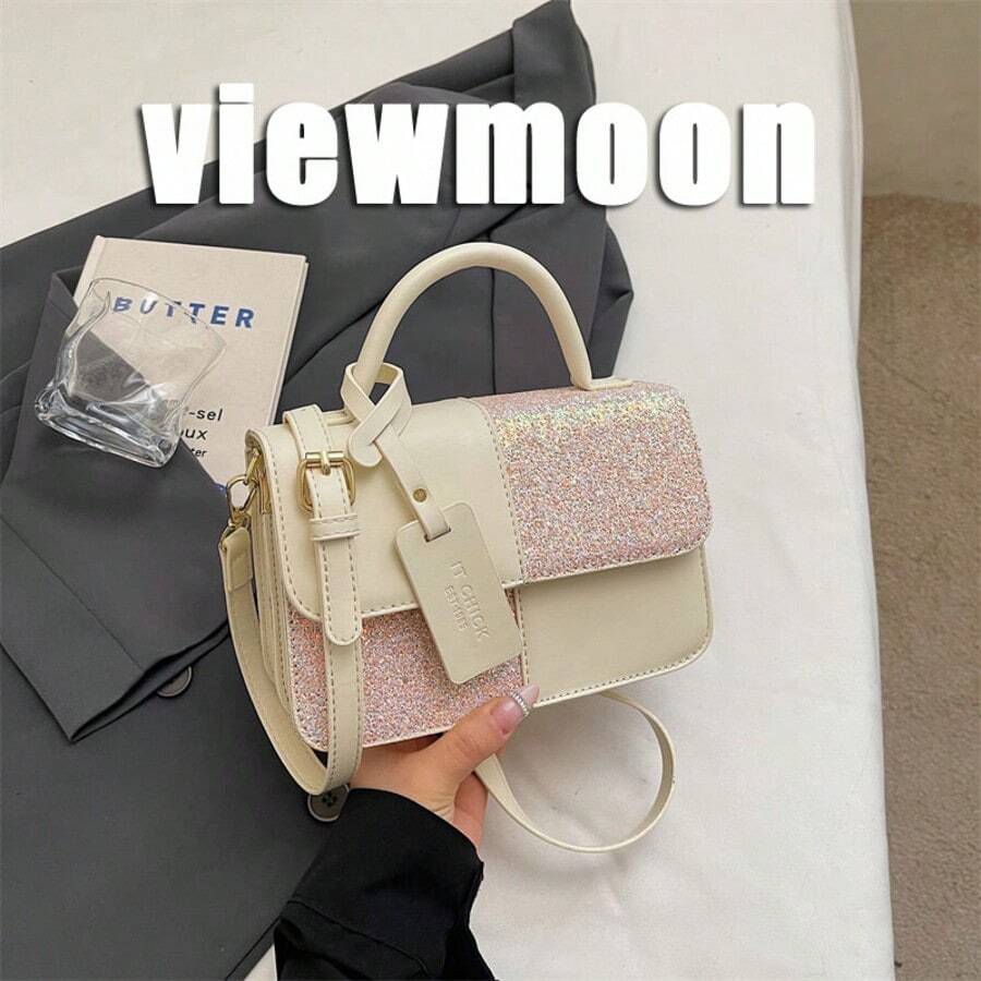 Fashionable Minimalist Premium Sequin Retro Colorblock Women's Handbag With Pendant - Beige - View 1