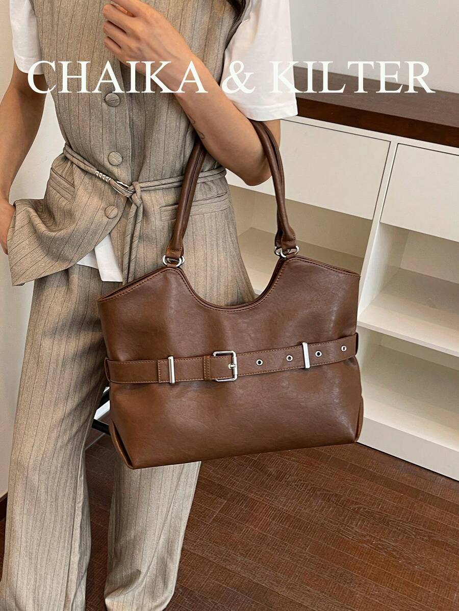 CHAIKA & KILTER 1pc Solid Color PU Fabric Tote Bag, Women's Vintage Fashion Shoulder Tote Bag, Dual Handle Design, Zipper Closure, Strap Decoration, Suitable For Daily And Street Use
