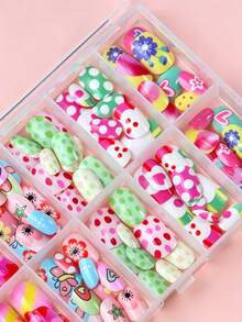 10 Grids 120Pcs Short Square Kids Nail Salon Fake Nails For Girls Cute Butterfly Flower False Nail Kawaii Cartoon Full Cover Manicure Nail Tips Chlidren Christmas Birthday Gift - Multicolor - View 8