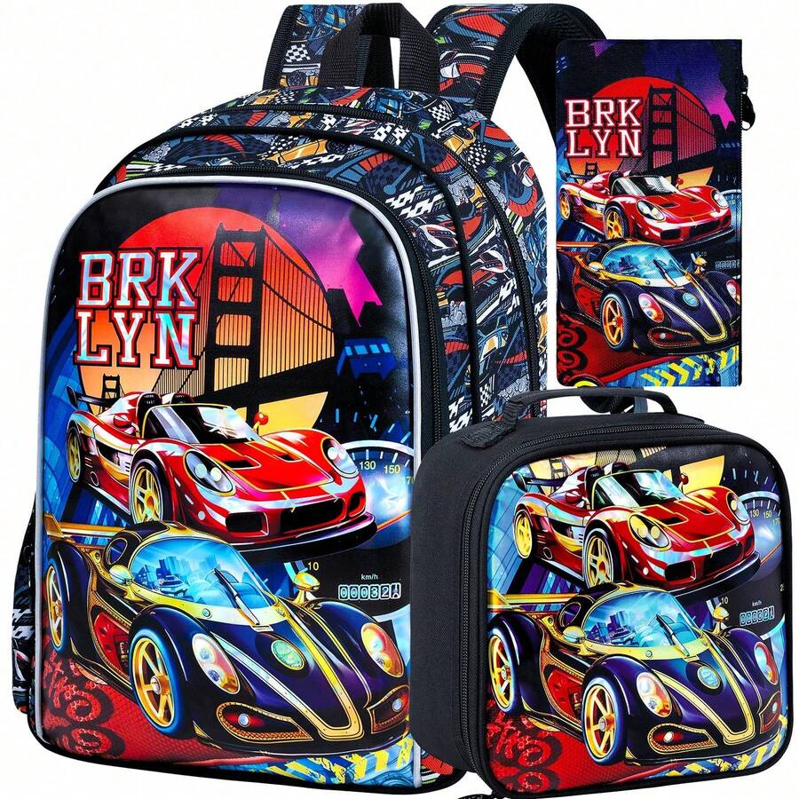 Juego de mochila infantil 3 en 1 de 16 pulgadas con impresión, mochila casual con patrón de puente de coche de carreras con caja de almuerzo & estuche para lápices, mochila ligera y durad - Negro - Ver 1
