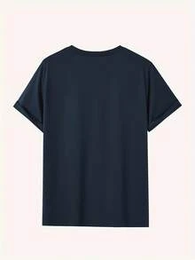 Men's Short-Sleeved T-Shirt, Summer, Comfortable, Made Of Micro-Elastic Polyester Fabric, Fashionable, Casual, Versatile, With Popular Print And Round Neck. - 藏青色 - 查看 2