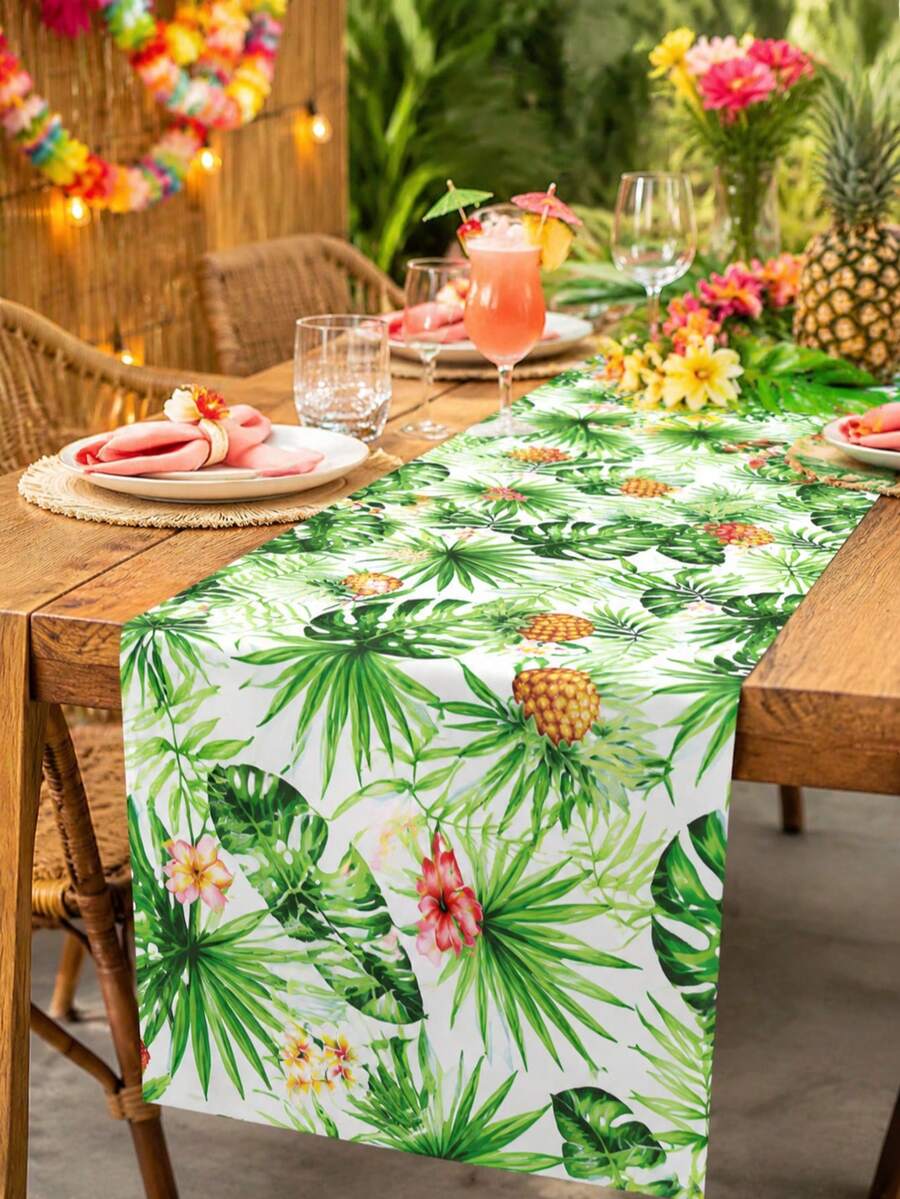 1件夏威夷風桌旗，180*35cm 龜背葉鳳梨印花聚酯纖維桌布，適用於室內外生日節日熱帶派對用品