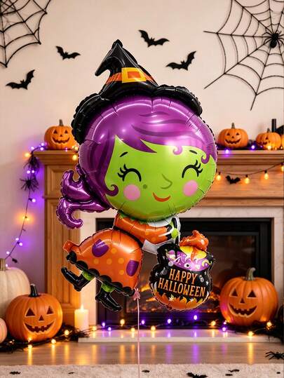 2pcs Halloween Witch Theme Aluminum Foil Balloons, Suitable For Halloween Theme Party Decorations, Halloween Cute Witch, Ghost Party Decorations, Halloween Yard Scene Decoration Supplies