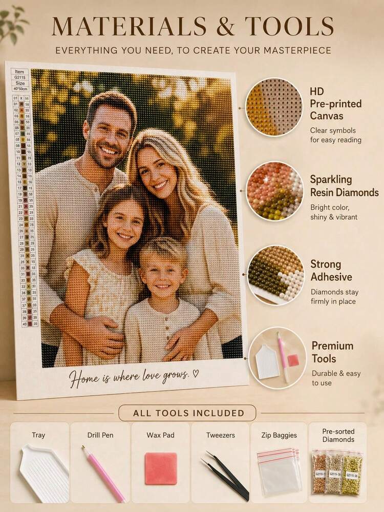 Customized Family Photo 5D Diamond Painting Kit, Personalized DIY Diamond Art Made From Your Own Photo, Full Resin Mosaic Includes Tools Multiple Sizes - Multicolor - View 6