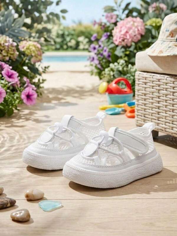 Toddler Kids White Mesh Sandals Casual Drawstring Design Hook & Loop Breathable Summer Baby Walking Shoes Boys Girls Daily Beach Shoes