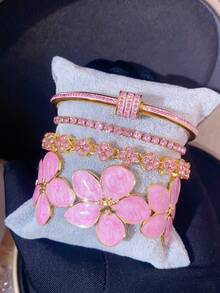 4pcs/1pc Women's Pink Enamel Flower & Clover Bracelet Set, Luxury Gold Tone Stackable Bracelets, Rhinestone Bohemian Style Jewelry Gift - Pink - View 3