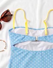 Spring/Summer New Blue White Yellow Polka Dot Elegant Casual Beach Vacation Party Date One-Piece Swimsuit - Multicolor - View 5