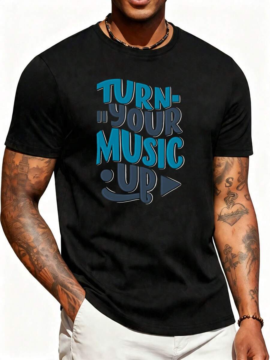 Camiseta de hombre de estilo casual con diseño gráfico Turn Your Music Up, ropa de verano para amantes de laúsica y opción de regalo de moda - Blanco - Ver 1