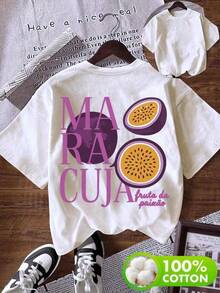 Playera Mujer Talla Grande Corte Holgado Cuello Redondo Manga Corta, Estampado Creativo de Frutas y Letras, Ropa Informal Primavera Verano Ideal para Salidas y Ocasiones Casuales I3PE - Blanco - Ver 1