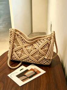 Bolso bandolera tejido bohemio de color sólido, bolso cuadrado pequeño tejido a la moda, adecuado para vacaciones en la playa, compras urbanas, elección perfecta para vacaciones en la playa, - rosa brillante - Ver 1