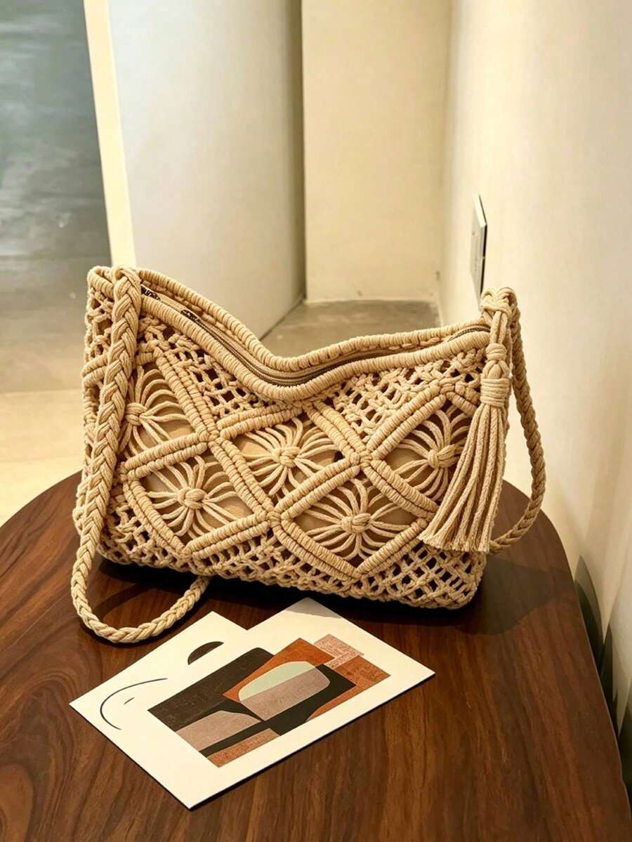 Bolso bandolera tejido bohemio de color sólido, bolso cuadrado pequeño tejido a la moda, adecuado para vacaciones en la playa, compras urbanas, elección perfecta para vacaciones en la playa, - rosa brillante - Ver 1