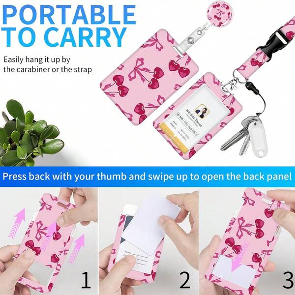 1 Set (ID Badge Holder + Business Card Holder) Cute Sweet Deep Pink Cherry Bow ID Badge Holder, With Snap Closure, Expandable And Customizable Vertical Business ID Badge Holder, Suitable For Teachers, Students, Healthcare Workers And Professional Women