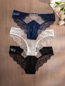 Mystèrelle 3pcs/Pack Women's Lace Patchwork Comfortable Triangle Panties - Multicolor - View 5