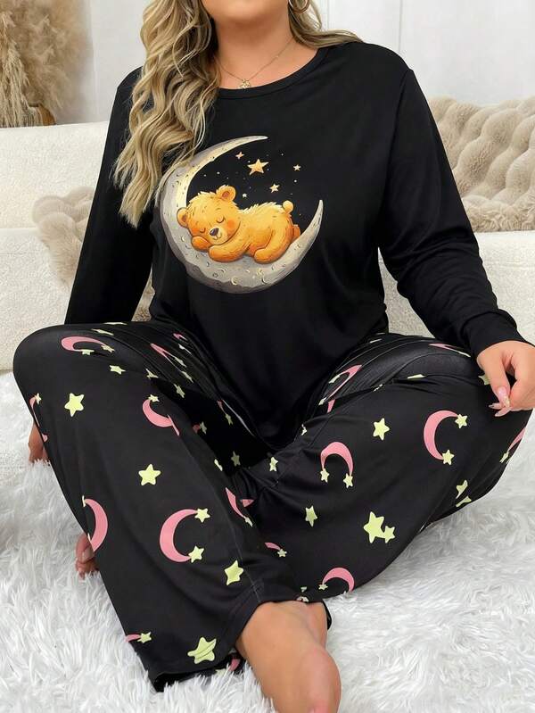 Women's Plus Size Pajama Set, Koala Moon Print, Long Sleeve Long Pants Loungewear Set, Plus Size Loose Soft Comfortable, Autumn/Winter Clothing