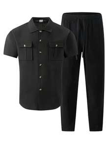 Men's 2 Pieces Linen Set, Summer New Men's Multi-Pocket Cargo Shirt Outfit, Loose Short Sleeve + Straight Leg Pants - Black - View 2
