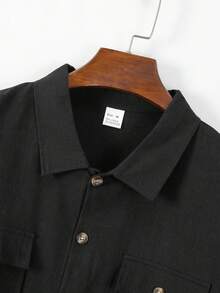 Men's 2 Pieces Linen Set, Summer New Men's Multi-Pocket Cargo Shirt Outfit, Loose Short Sleeve + Straight Leg Pants - Black - View 4