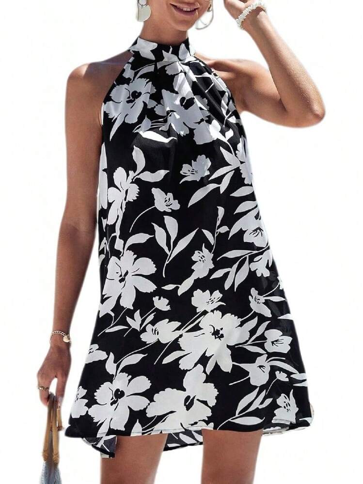- Vestido corto sin mangas con estampado floral para mujer, cuello halter, línea A - rosa y rojo - Añade 14