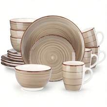Set Of 16 Handcrafted Stoneware Plates For Dining, Serves Four - Chocolate - View 7