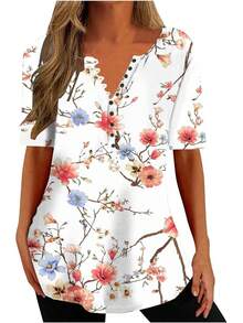 Ceboyel - Camisas Henley con estampado floral para mujer, cuello en V, sexy, casual, de manga corta, blusas elegantes para mujer - Rosa #5 - Ver 23