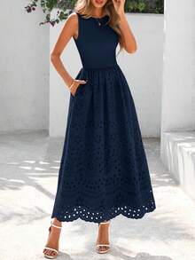 Women Casual Sleeveless Crewneck Lace Eyelet A-Line Flowy Tank Maxi Dress With Pockets Boho Bohemian Summer Spring Holiday Vacation Beach Outfits - 藏蓝色 - 查看 1