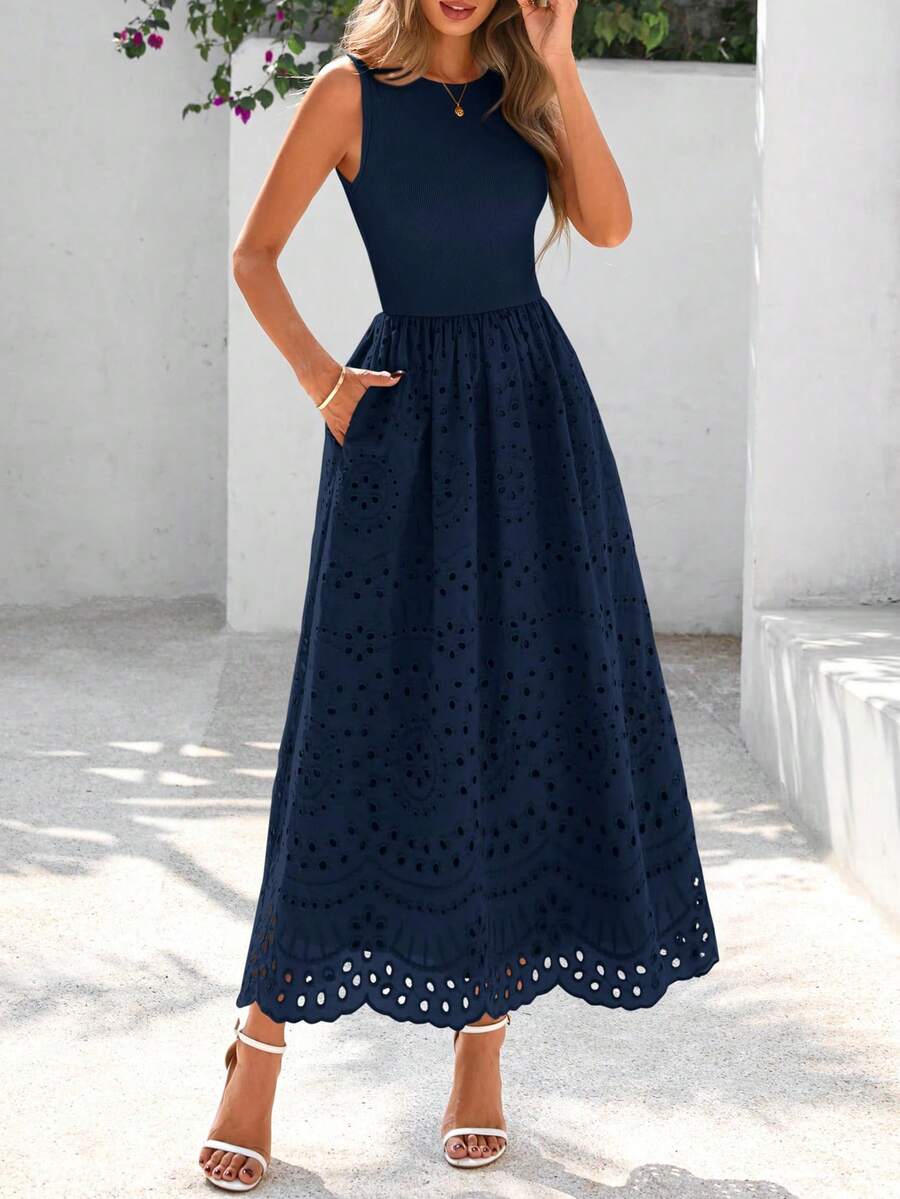 Women Casual Sleeveless Crewneck Lace Eyelet A-Line Flowy Tank Maxi Dress With Pockets Boho Bohemian Summer Spring Holiday Vacation Beach Outfits - 藏蓝色 - 查看 1