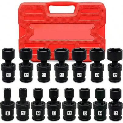 15-Piece 3/8-Inch Drive Shallow Universal Impact Socket Set, Rotating Socket Set, Metric Flexible Swivel Sockets, CR-MO Material, 8–22 Mm, Hex