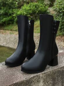 Fashionable Versatile Women's Chunky Heel Leather Patchwork Button Decor Side Zipper Round Toe Ankle Boots, Warm Thermal Lining, Slimming Fashion Boots, Suitable For Street, Outdoor, Wedding, Festival - Black - View 4