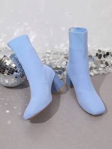 Women's Square Toe Chunky Heel Mid-Calf Boots, Autumn/Winter High Heel Boots, Elegant Versatile Style - Baby Blue - View 5