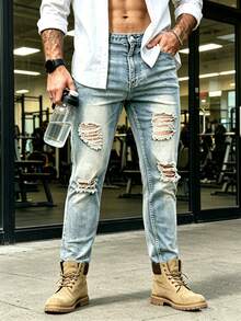 Men's Stretch Washed Denim Tight Pants Embroidered With Holes Suitable For Commuting, Street Photography, And Gatherings - Medium Wash - View 5