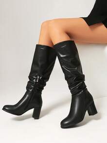 Women's Fashion Thick Heel Over-The-Knee Boots, Round Toe Versatile Side Zipper Sexy Punk Boots, Suitable For Autumn & Winter - Black - View 5