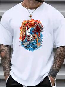 Plus Size Men's Anime Character Graphic Print T-Shirt For Summer, Sports Outdoor Short Sleeve Tees For Males - White - View 1
