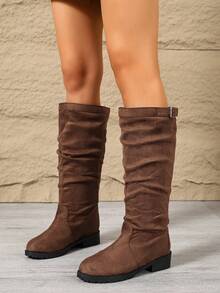 Autumn/Winter New Fashion Classic Round Toe Metal Buckle Chunky Heel High Shaft Slouch Boots - Brown - View 4