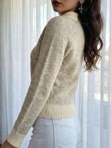 Women's Color Block Striped Horn Button Turn Collar Sweater, French Vintage Slouchy Pullover Knit Top, Autumn/Winter - Apricot - View 2