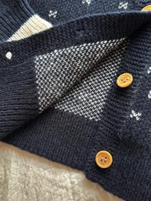 Girls' Korean Style Vintage Geometric Pattern Knit Cardigan With Peter Pan Collar And Open Front - Royal Blue - View 6