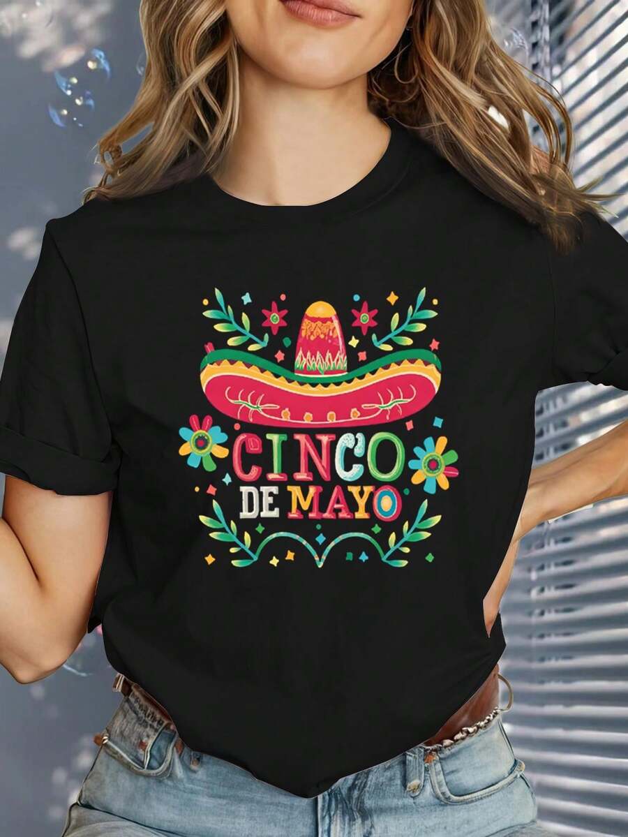 Comfortable And Stylish Women's T-Shirt With 'Cinco De Mayo' Print, Round Neck, Short Sleeves, Modern Print, Loose Fit, Versatile For Summer, Leisure Travel And Holidays. - 黑色 - 查看 1