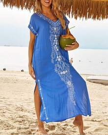 Bsubseach Vestido Largo de Playa de Manga Corta con Cuello en V Cubre Bikini para Mujer Bordado - Verde - Ver 3
