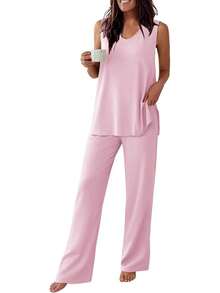 - Conjunto de pijama para mujer, sin mangas, cómodo conjunto de playera sin mangas y pantalones con cuello en V, 2 piezas, S-XXL - Raya gris - Ver 12