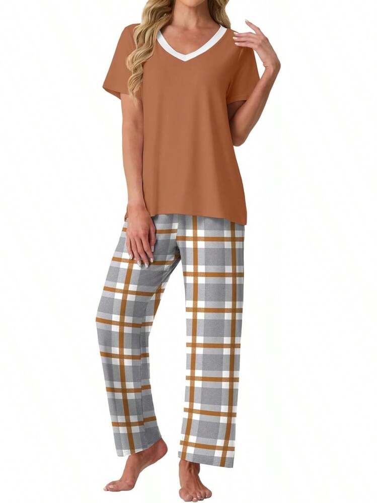 PrinStory - Conjunto de pijama suave de 2 piezas para mujer, conjunto de pijama casual de manga corta con bolsillos - Gris blanco tartán - Añade 6