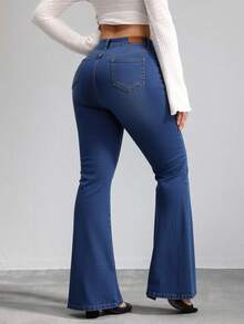 Floor-Length, High-Waisted Flare Trousers With One-Sided Rips At The Knees, High Elasticity, Fitted, Available In Multiple Shades, Retro Flowy Drape - Medium Wash - View 5
