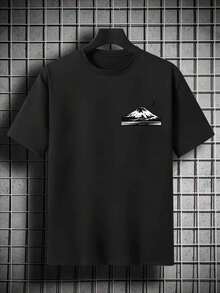 [Comfortable|Loose] Comfortable Loose Japanese Style T-Shirt | Red Sun Landscape Tower Pattern | Traditional Architecture Cherry Blossom Mountain View - 白色 - 查看 10