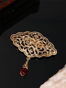 1pc Court Style Gold-Plated Women's Brooch With Hollow Carved Design And Artificial Gemstone Pendant, Wedding Holiday Jewelry Pin (Women's Small Brooch) - Multicolor - View 5